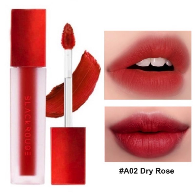 Son môi màu đỏ với cọ quét, hình ảnh đôi môi được tô son và mã màu #A02 Dry Rose.