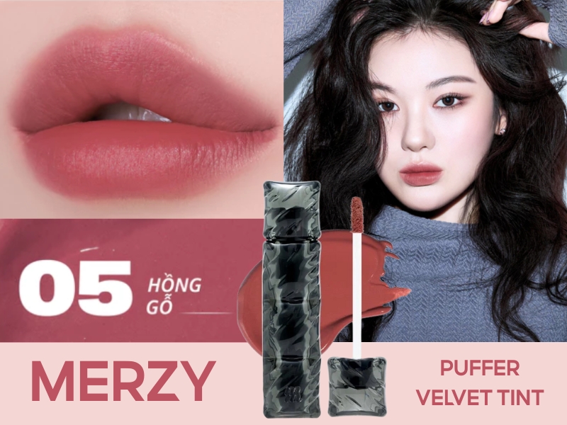 Hình ảnh quảng cáo son môi màu hồng gỗ với hình ảnh người mẫu và sản phẩm Merzy Puffer Velvet Tint.
