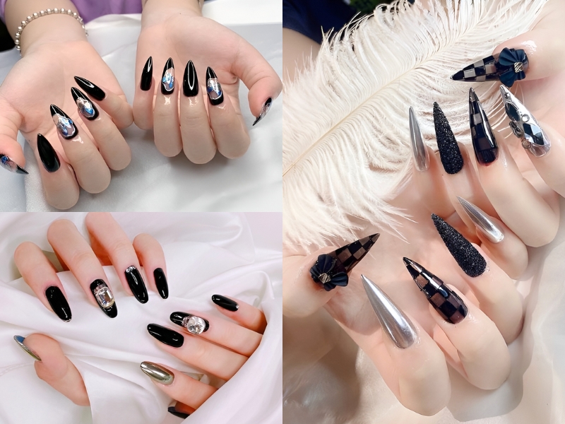 Bộ móng tay dài với thiết kế đen bóng và trang trí đá, chụp trên nền trắng và lông vũ.