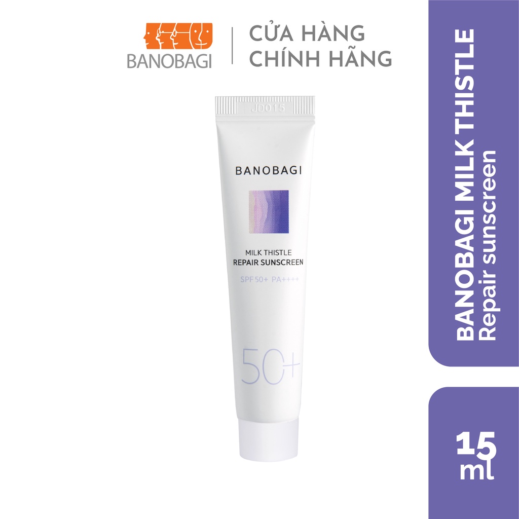 40dc3552-4 Tuýp kem chống nắng Banobagi Milk Thistle Repair SPF 50+ PA++++, dung tích 15ml, nền trắng, chữ tím.