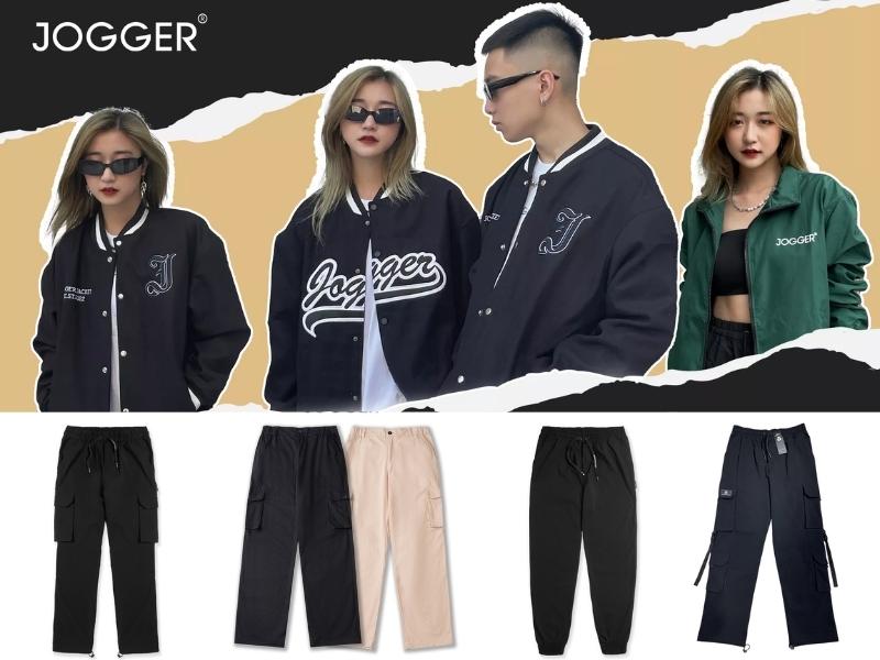 Nhóm người mặc áo khoác và quần jogger; áo khoác màu đen và xanh lá, quần nhiều màu khác nhau.