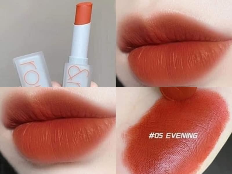 443e5eec-da-vang-hop-mau-son-gi-6 Hình ảnh son môi màu cam đất với mã màu #05 Evening, gồm ảnh thỏi son và màu son trên môi.