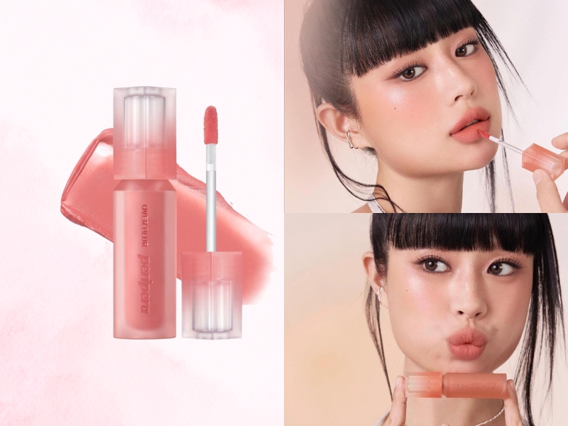 44c53b04-mau-son-danh-cho-hoc-sinh-cap-2-3 Son môi màu hồng với cọ đi kèm và hình ảnh một người đang thoa son, biểu cảm vui tươi.