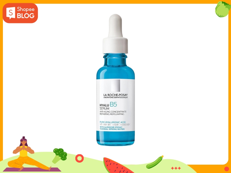45ab518d-serum-cho-da-hon-hop-thien-dau-3 Chai serum màu xanh với nắp nhỏ giọt màu trắng trên nền trắng và khung viền màu cam.
