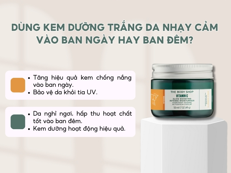 Hình ảnh chai kem dưỡng da, với thông tin về lợi ích sử dụng vào ban ngày và ban đêm, đặt trên nền sáng.