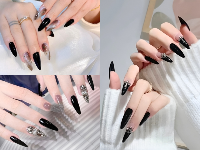 Bộ móng tay dài, sơn đen bóng, một số móng có họa tiết trang trí và phụ kiện lấp lánh.