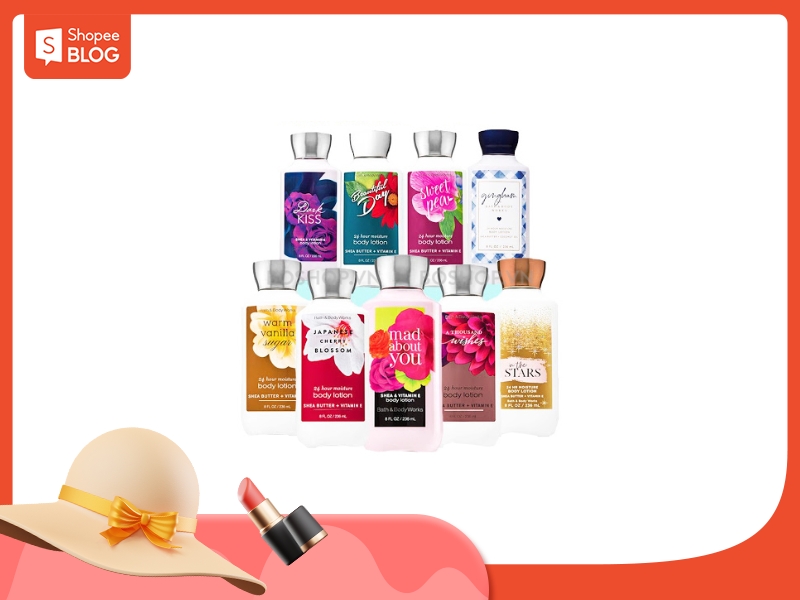 Hình ảnh các chai sữa dưỡng thể với nhiều màu sắc và nhãn hiệu khác nhau, cùng nền màu cam.