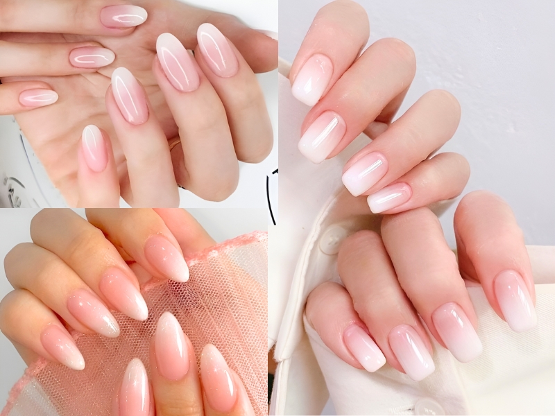 Bộ móng tay được sơn màu hồng nhạt, với kiểu dáng và chiều dài khác nhau, tạo cảm giác thanh lịch và tinh tế.