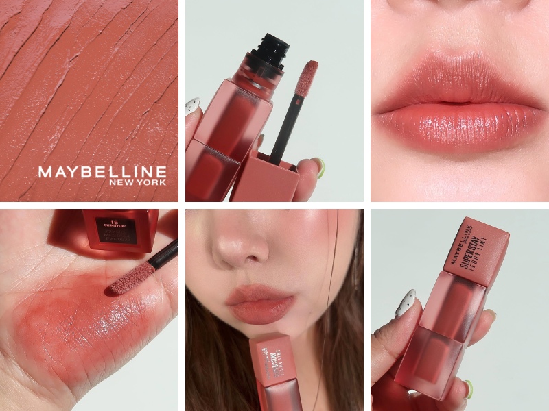 49ceced4-review-son-maybelline-8 Hình ảnh son môi màu hồng đất với nhiều góc chụp khác nhau, bao gồm cận cảnh hộp, cọ và son trên môi.