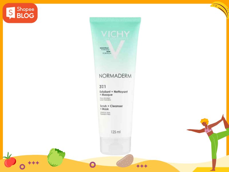 4bf309c4-18 Tuýp kem Vichy Normaderm 3 trong 1, dung tích 125ml, nền trắng, viền trang trí hoa quả và hình người.