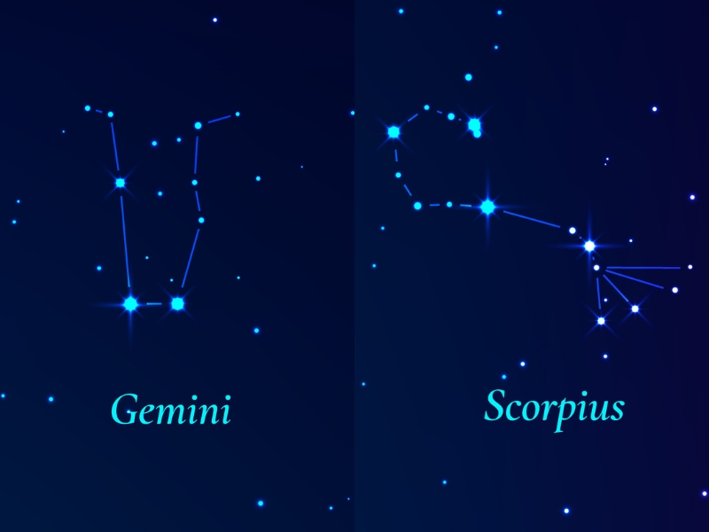 4c448831-song-tu-va-bo-cap-co-hop-nhau-khong-6 Hai chòm sao trên nền trời đêm: Gemini bên trái và Scorpius bên phải, với các ngôi sao được nối bằng đường kẻ.