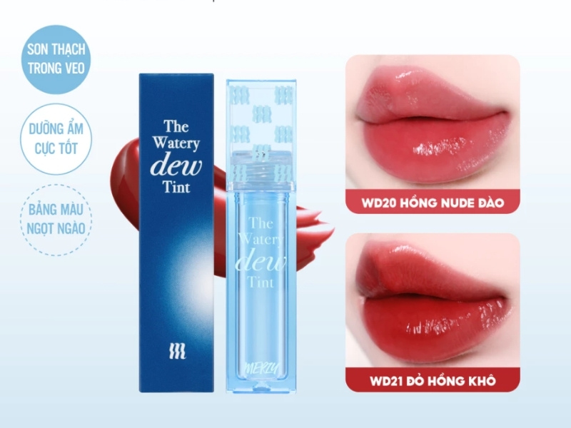 4cba86b1-son-merzy-mau-nao-dep-nhat-5 Sản phẩm son dưỡng môi The Watery Dew Tint với hai màu sắc hồng nude đào và đỏ hồng khô hiển thị trên môi.