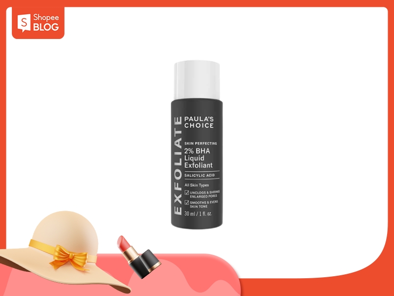 Chai tẩy tế bào chết dạng lỏng màu đen, dung tích 30ml, nền trắng, có nón và son môi trang trí.