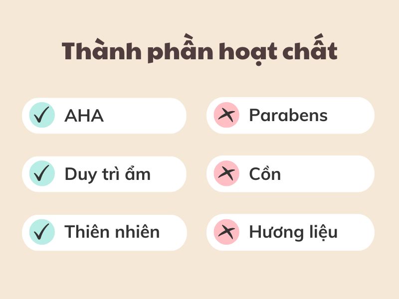 514ad62e-3 Danh sách thành phần hoạt chất, gồm AHA, duy trì ẩm, thiên nhiên, không có parabens, cồn, hương liệu.