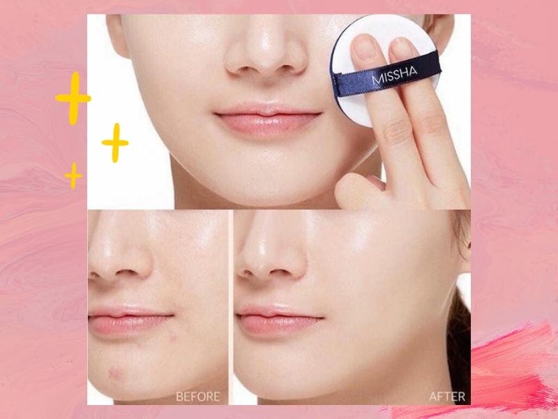 5298022b-cushion-cho-da-kho-12 Hình ảnh so sánh da mặt trước và sau khi sử dụng sản phẩm trang điểm với bông phấn.