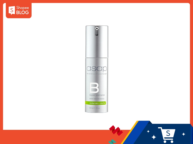 Chai serum màu bạc với chữ "B" lớn, dung tích 30ml, trên nền trắng và khung viền màu cam.