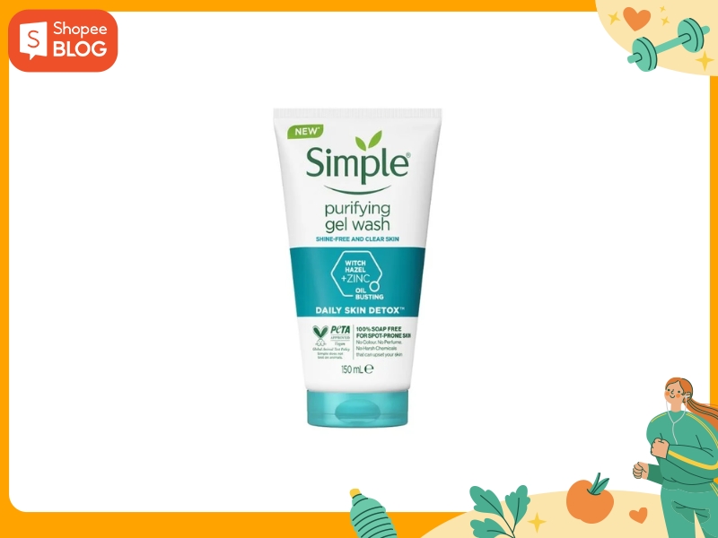 5a34faf2-sua-rua-mat-cho-da-dau-21 Chai sữa rửa mặt dạng gel Simple, dung tích 150ml, có nhãn màu xanh lá và xanh dương trên nền trắng.