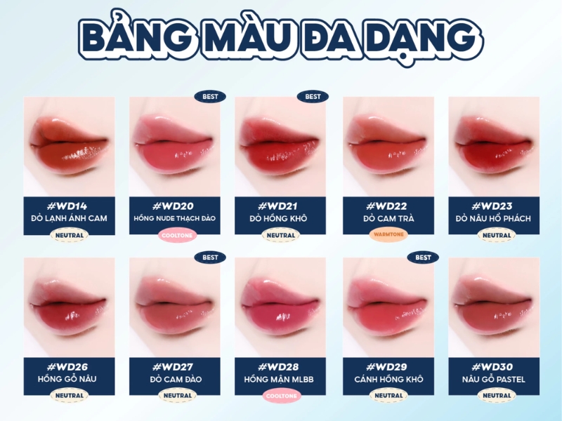Bảng màu son môi đa dạng với 10 sắc thái khác nhau cùng mã số và tên gọi tương ứng.