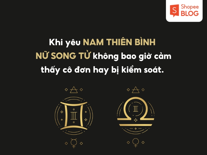Hình ảnh với dòng chữ về tình yêu giữa nam Thiên Bình và nữ Song Tử cùng biểu tượng cung hoàng đạo.