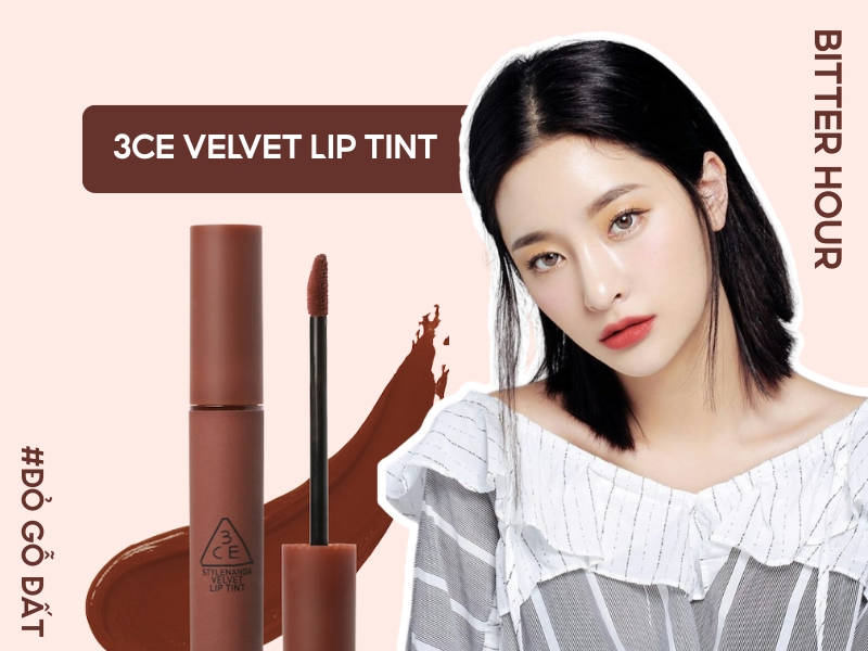 5fe59eea-son-mau-do-dat-dep-19 Son 3CE Velvet Lip Tint màu đỏ gỗ đất, kèm hình ảnh người mẫu với màu son tương ứng.