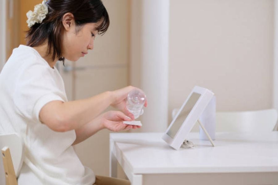 Người phụ nữ ngồi tại bàn, đổ chất lỏng từ chai nhỏ lên miếng bông, trước một chiếc gương.