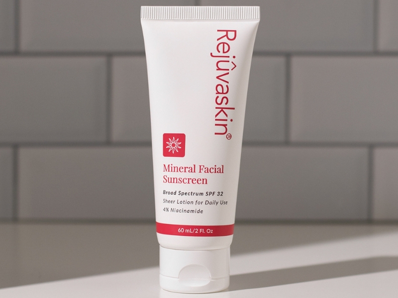 Tuýp kem chống nắng khoáng dạng lỏng, dung tích 60ml, có SPF 32, chứa 4% Niacinamide, đặt trên bề mặt phẳng.