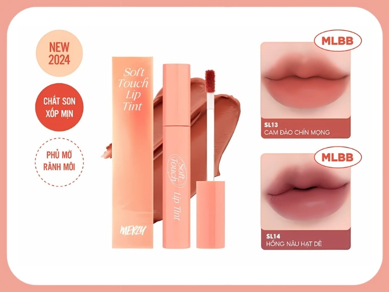 61e024a6-son-merzy-mau-nao-dep-nhat-20 Hình ảnh son môi Soft Touch Lip Tint với hai màu cam đào chín mọng và hồng nâu hạt dẻ, chất son xốp mịn.