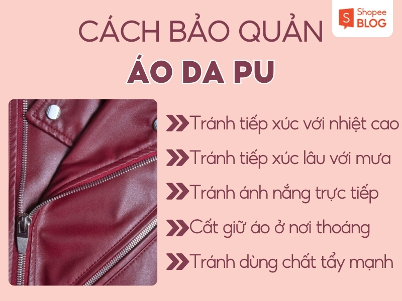 Hình ảnh hướng dẫn cách bảo quản áo da PU với các lưu ý như tránh nhiệt cao và ánh nắng trực tiếp.