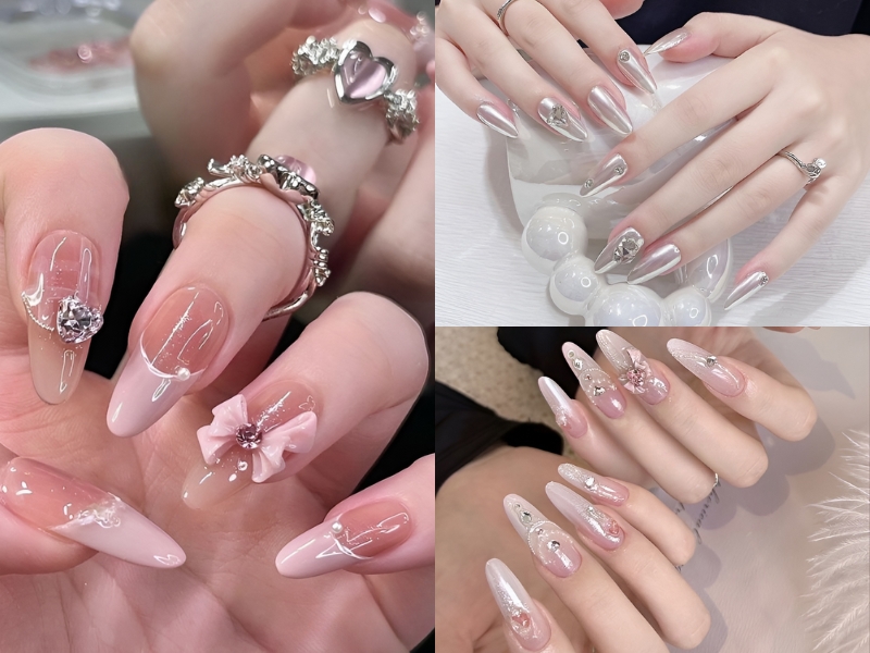 Bộ móng tay dài được trang trí với nhiều kiểu họa tiết và phụ kiện tinh tế.