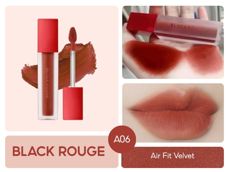 6651bca9-son-mau-do-dat-dep-10 Son kem Black Rouge A06 màu đỏ nâu, hình ảnh sản phẩm, mẫu thử trên tay và môi.
