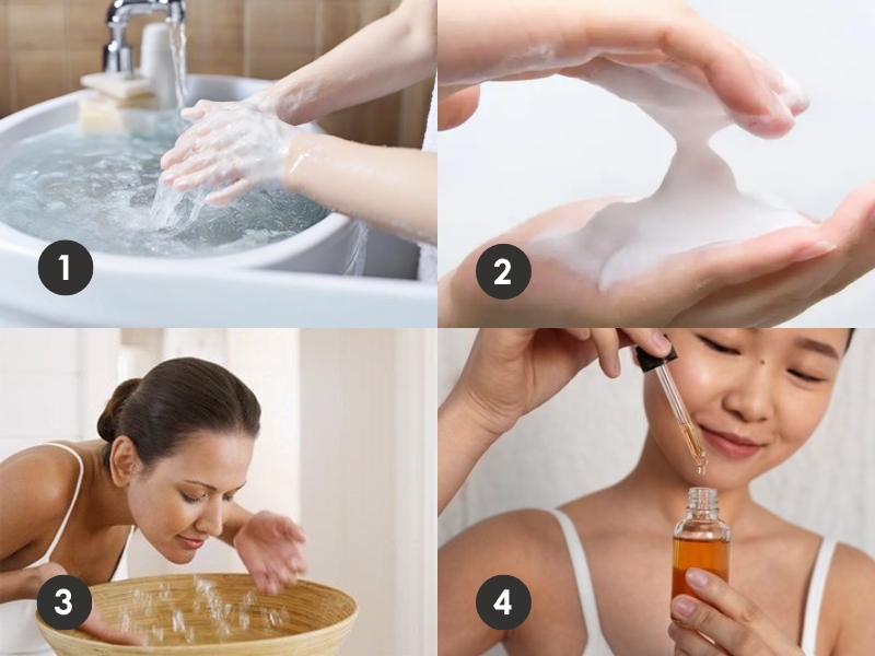 69898ada-sua-rua-mat-chong-lao-hoa-12 1. Rửa tay dưới vòi nước với xà phòng.
2. Bọt xà phòng trên tay.
3. Rửa mặt bằng nước.
4. Nhỏ tinh dầu từ ống vào chai.
