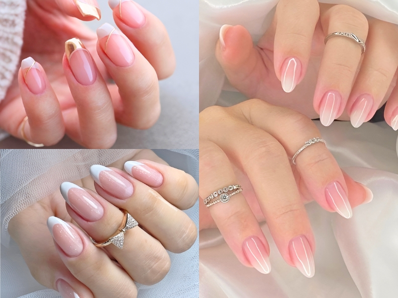 Ba mẫu móng tay nghệ thuật với các thiết kế khác nhau, bao gồm màu hồng, trắng và chi tiết kim loại.