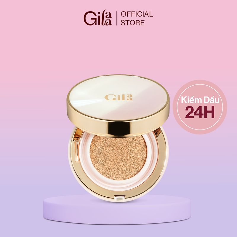 6ba72b57-cushion-cho-da-ngam-5 Hộp phấn trang điểm với nắp màu vàng, nền hồng tím, có chữ "Kiểm Dầu 24H" bên cạnh.