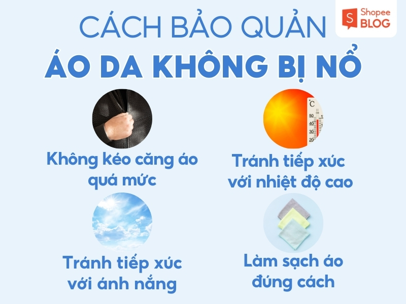 Hình ảnh hướng dẫn bảo quản áo da với bốn mẹo: tránh căng áo, nhiệt độ cao, ánh nắng và làm sạch đúng cách.