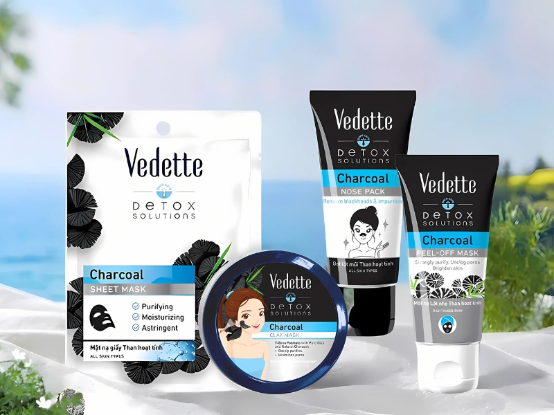 Bộ sưu tập sản phẩm mặt nạ than hoạt tính Vedette, bao gồm các loại mặt nạ giấy, đất sét và lột mụn.