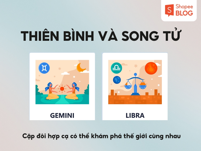 Hình ảnh biểu tượng cung hoàng đạo Song Tử và Thiên Bình, cùng với các biểu tượng thiên văn.