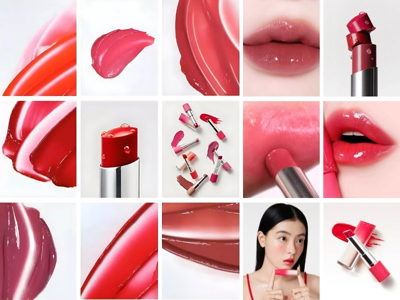 Bộ sưu tập son môi với các sắc đỏ và hồng, bao gồm hình ảnh cận cảnh và thoa son lên môi.