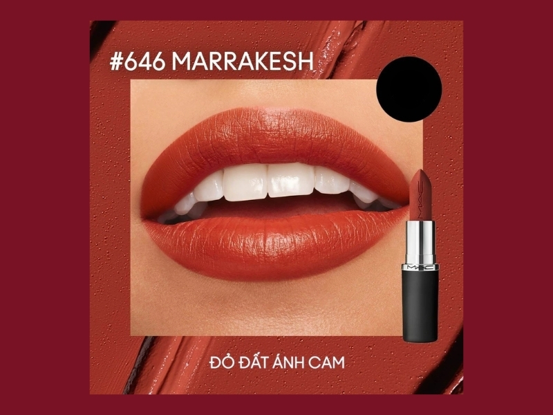737269da-son-mau-cam-dat-dep-5 Hình ảnh một đôi môi sơn son đỏ đất, kèm theo thỏi son cùng màu và chữ "Marrakesh" màu trắng.