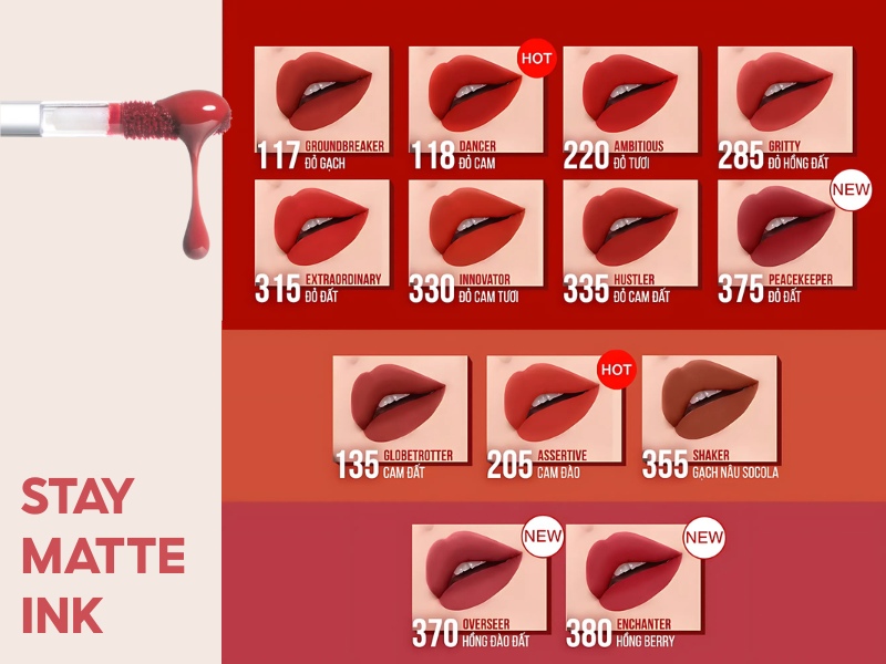 73aea42f-review-son-maybelline-24 Hình ảnh bảng màu son môi với các mã và tên màu khác nhau, kèm hình ảnh minh họa và ký hiệu "HOT" hoặc "NEW".