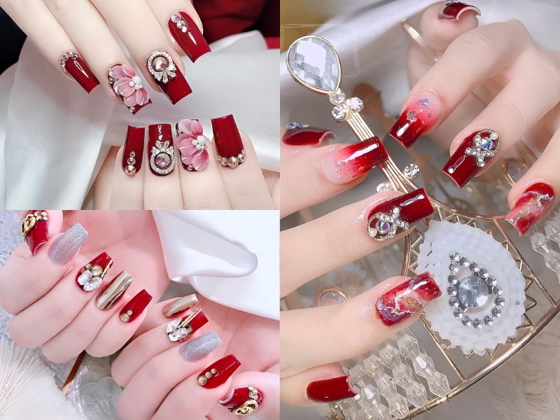 Bộ móng tay được trang trí sang trọng với màu đỏ chủ đạo, đính hoa và đá quý, tạo vẻ nổi bật và tinh tế.