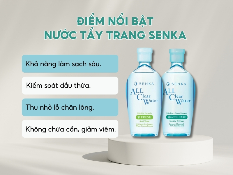 Hai chai nước tẩy trang Senka trên đế trắng, với các đặc điểm nổi bật được liệt kê bên trái.