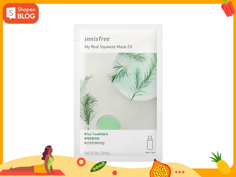 82f9dbe3-8 Mặt nạ giấy Innisfree My Real Squeeze Mask EX với hình ảnh cây trà trên bao bì.