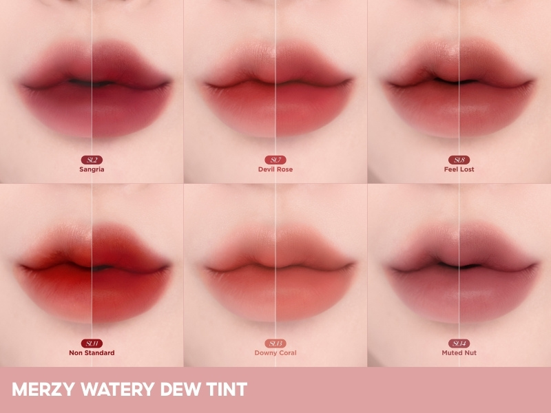 831574b1-son-merzy-mau-nao-dep-nhat-19 Hình ảnh gồm sáu màu son khác nhau trên môi, thuộc dòng son Merzy Watery Dew Tint.