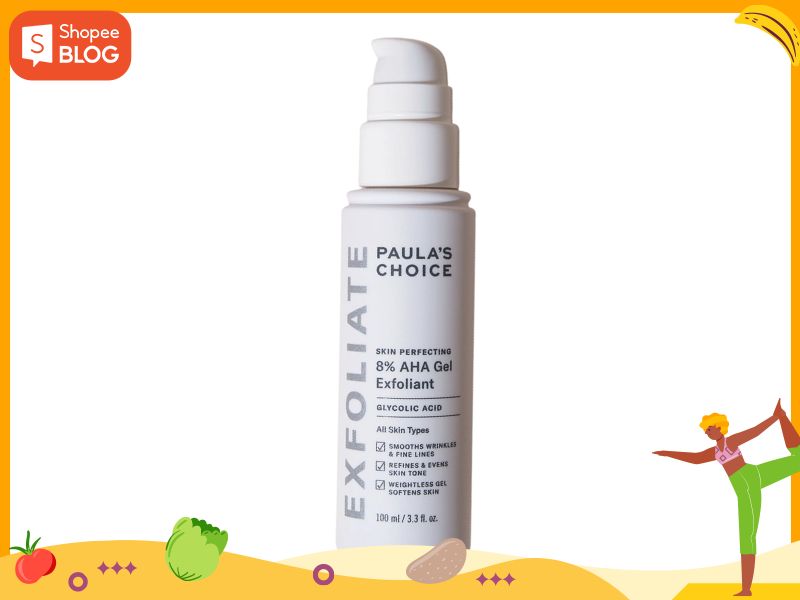 8b7732c7-6 Chai gel tẩy tế bào chết 8% AHA với nhãn hiệu và thông tin sản phẩm trên nền trắng.