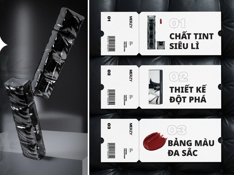8c5bdf65-son-merzy-mau-nao-dep-nhat-32 Hình ảnh son môi với thiết kế vỏ đen, kèm ba thẻ mô tả các tính năng nổi bật và màu sắc sản phẩm.