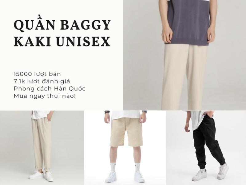 Hình ảnh quảng cáo quần baggy kaki unisex với thông tin bán hàng và các mẫu quần khác nhau trên nền trắng.