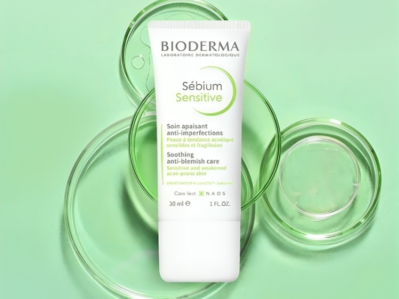 8d3b6051-kem-duong-am-bioderma-cho-da-dau-mun-3 Tuýp kem dưỡng da Bioderma Sébium Sensitive 30ml đặt trên nền xanh cùng các đĩa thủy tinh.