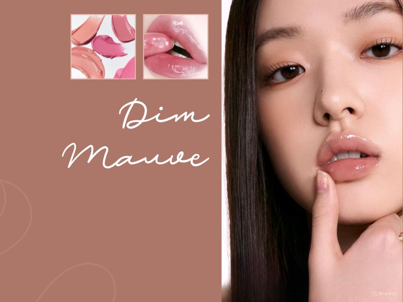 8e1610cc-son-mau-hong-dat-dep-9 Người mẫu với son bóng màu hồng nhạt, kèm hình ảnh mẫu son và môi. Chữ "Dim Mauve" trên nền nâu.