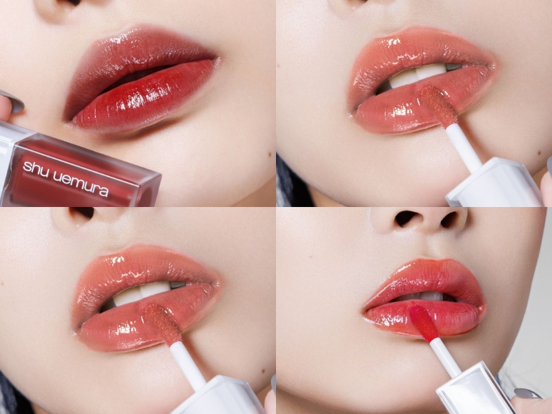8ed02466-review-son-shu-uemura-9 Bốn hình ảnh cận cảnh của đôi môi được tô son bóng, với các sắc thái khác nhau của son kem lỏng.