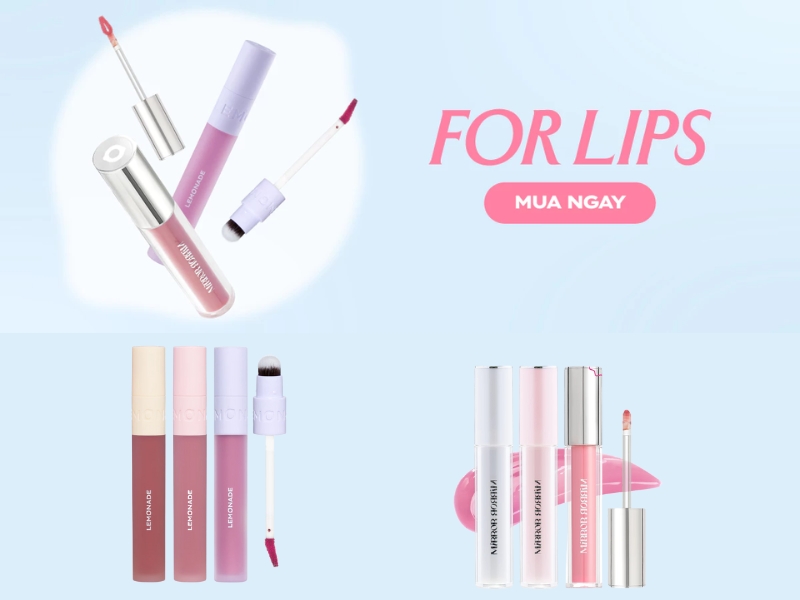 Hình ảnh các sản phẩm son môi đa dạng màu sắc, được sắp xếp trên nền xanh nhạt với dòng chữ "FOR LIPS".